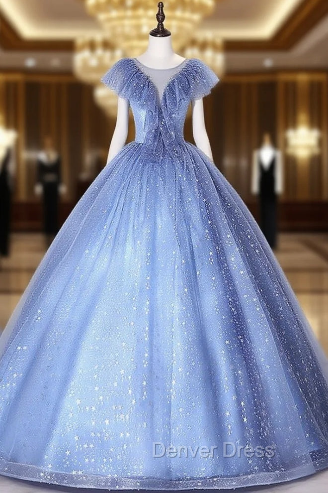 Blue Tulle Sequins Illusion V Neck Quinceanera Dresses