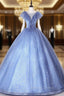 Blue Tulle Sequins Illusion V Neck Quinceanera Dresses