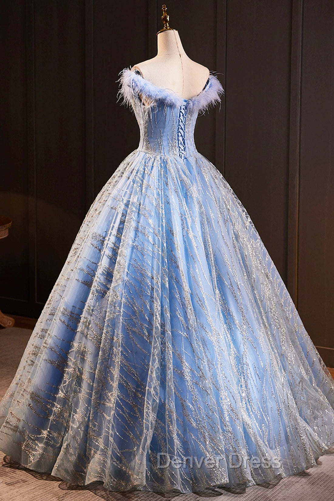 Blue Tulle Sequins Long A-Line Prom Dresses with Feather, Off the Shoulder Evening Party Dresses