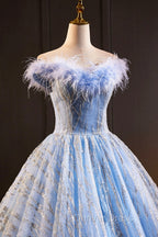 Blue Tulle Sequins Long A Line Prom Dress with Feather, Off the Shoulder Prom Dresses