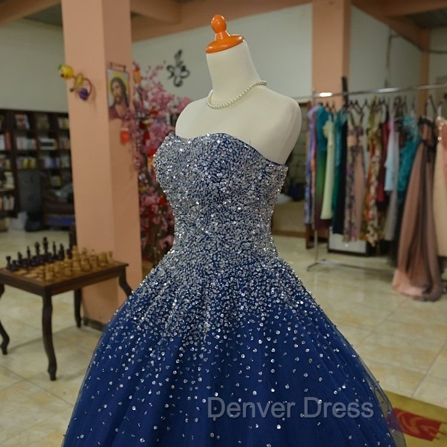 Blue Tulle Sequins Long Ball Gowns Prom Dress, Sparkle Blue Quinceanera Dresses