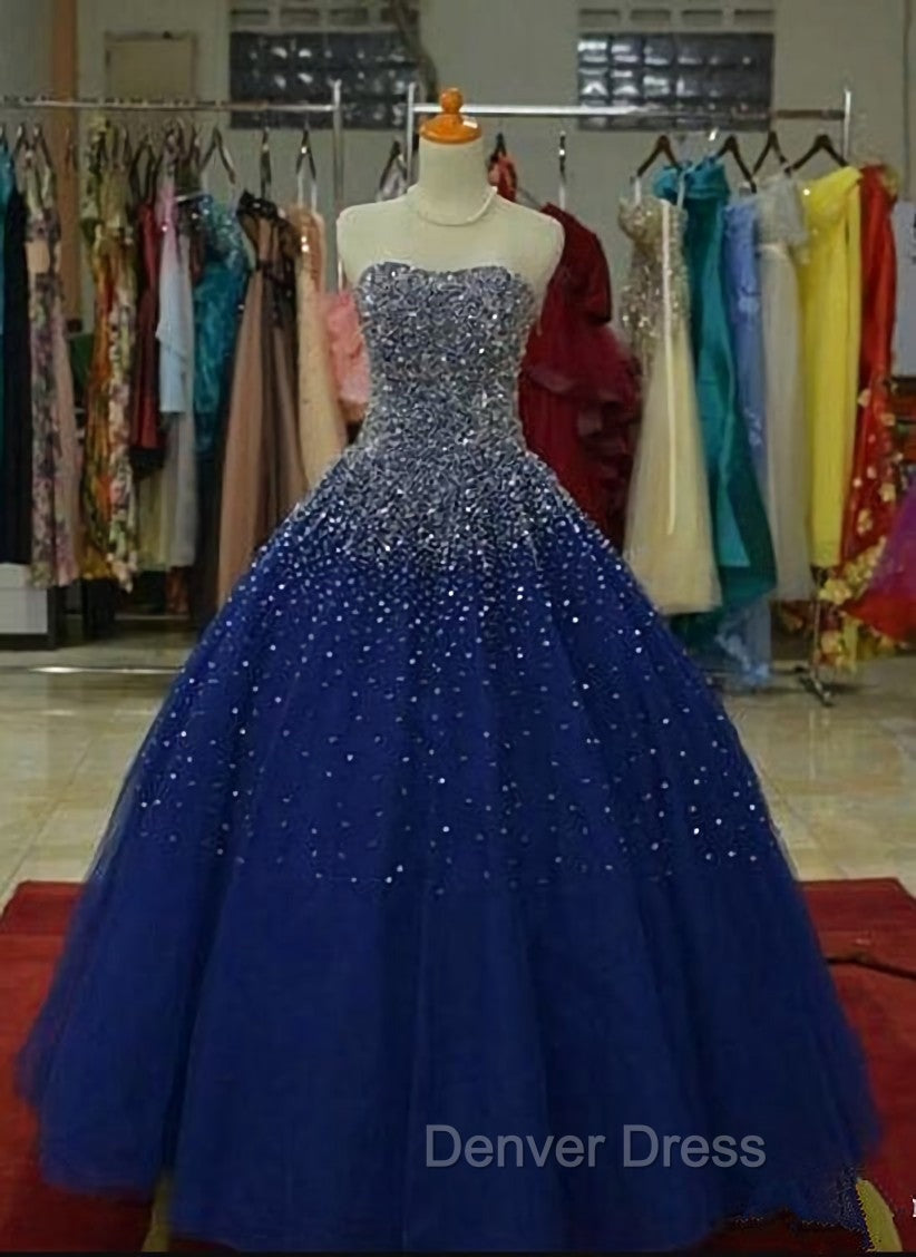Blue Tulle Sequins Long Ball Gowns Prom Dress, Sparkle Blue Quinceanera Dresses Main image