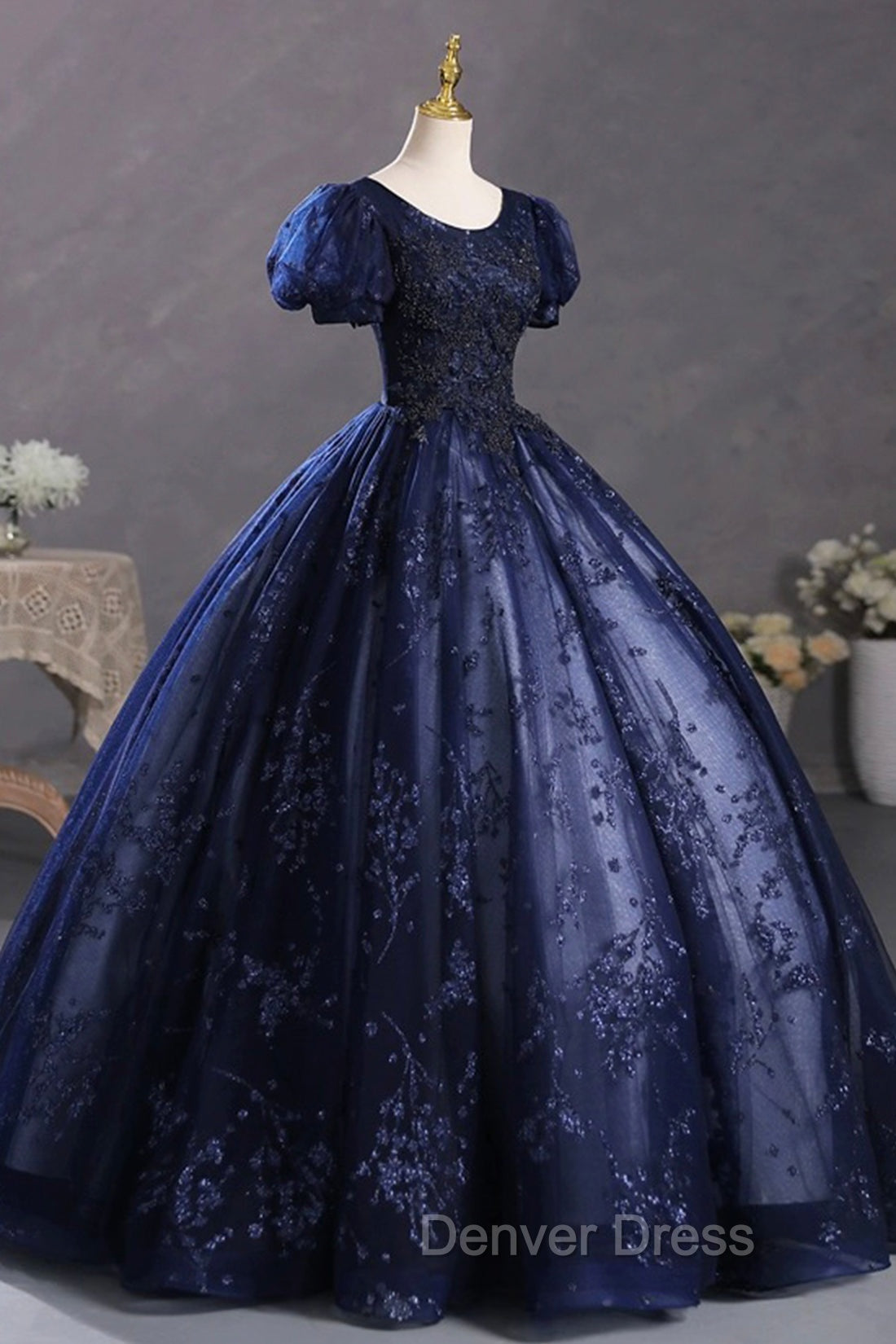 Blue Tulle Sequins Long Formal Dresses, A-Line Short Sleeve Evening Party Dresses Secondary image