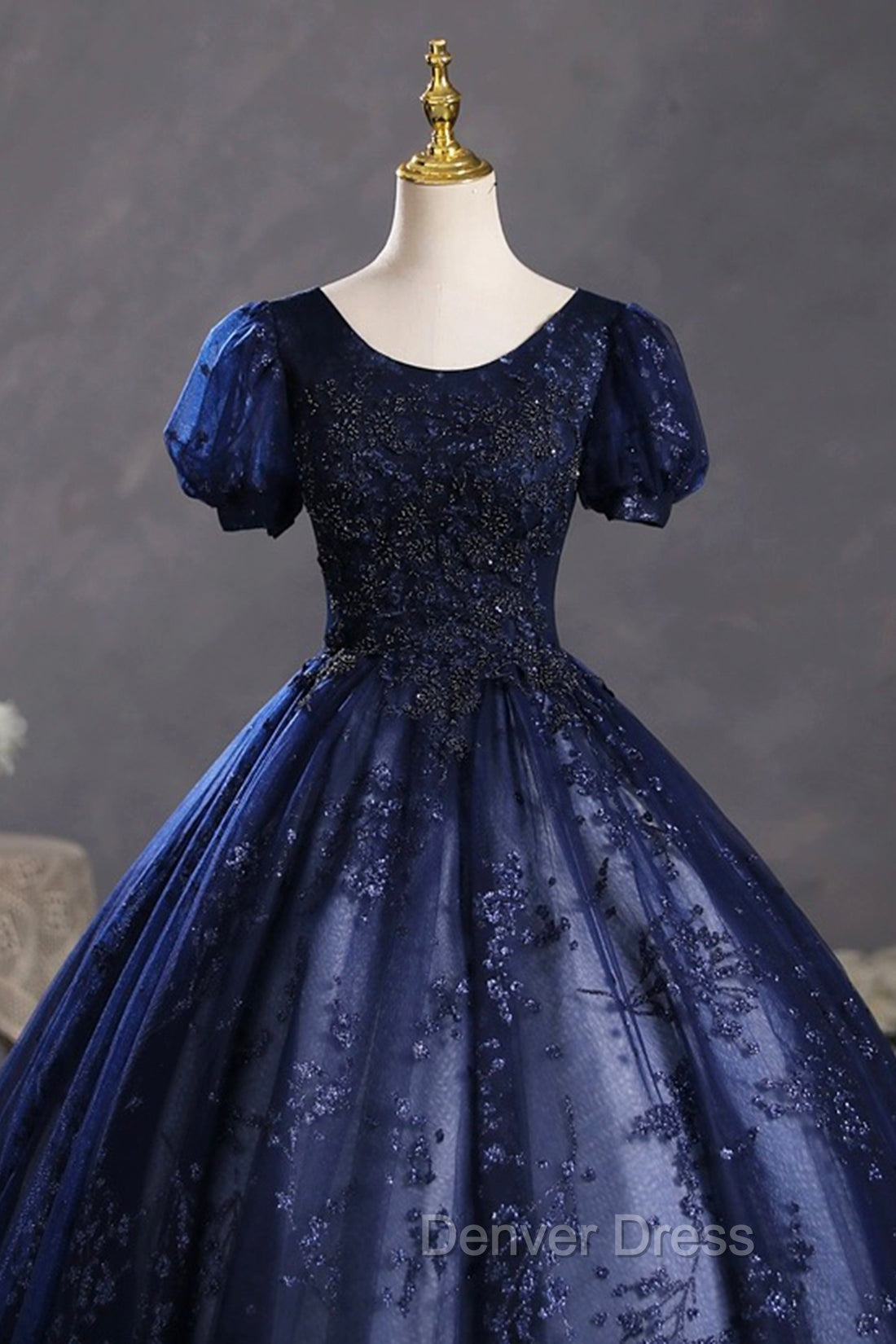 Blue Tulle Sequins Long Prom Dress, A Line Short Sleeve Prom Dresses