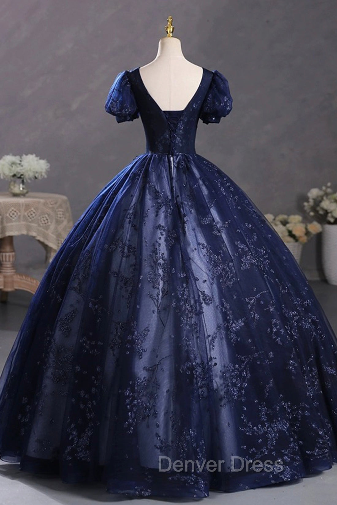 Blue Tulle Sequins Long Prom Dress, A Line Short Sleeve Prom Dresses
