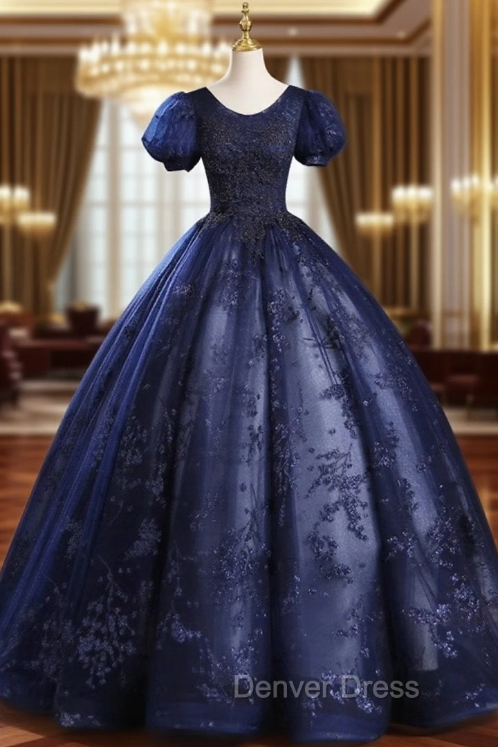 Blue Tulle Sequins Long Formal Dresses, A-Line Short Sleeve Evening Party Dresses