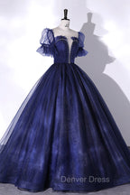 Blue Tulle Sequins Long Prom Dresses Blue Evening Gown