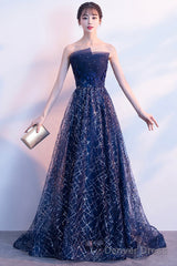 Blue Tulle Sequins Long Prom Dresses, A-Line Strapless Evening Dresses