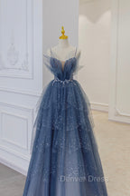 Blue Tulle Sequins Long Prom Gown, Blue Spaghetti Straps Formal Evening Dresses