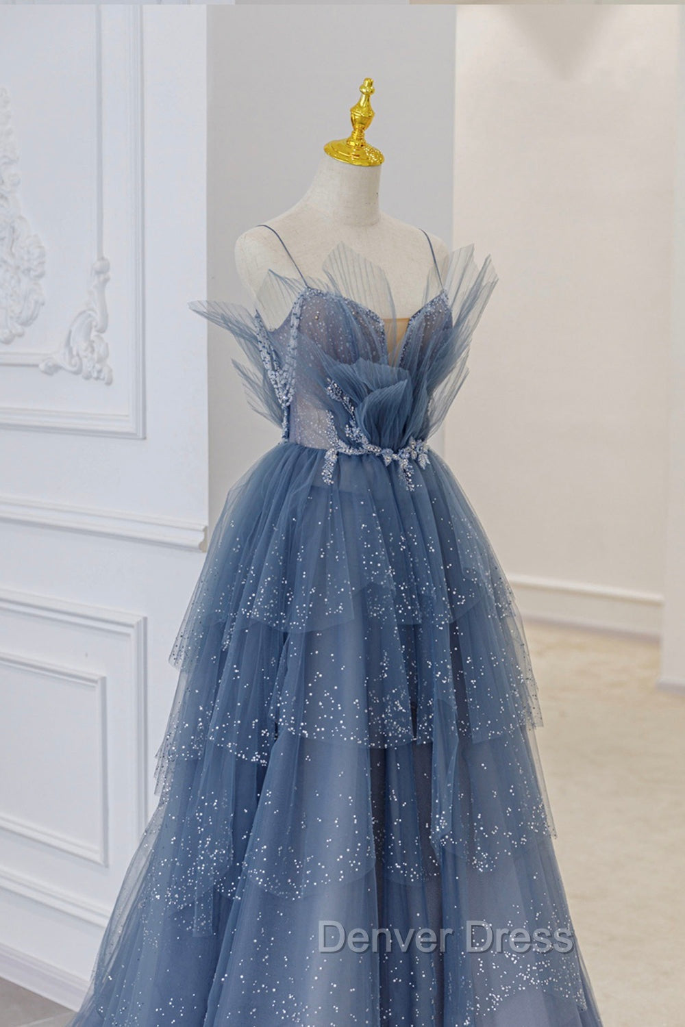 Blue Tulle Sequins Long Prom Gown, Blue Spaghetti Straps Formal Evening Dresses