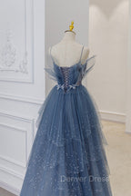Blue Tulle Sequins Long Prom Gown, Blue Spaghetti Straps Formal Evening Dresses