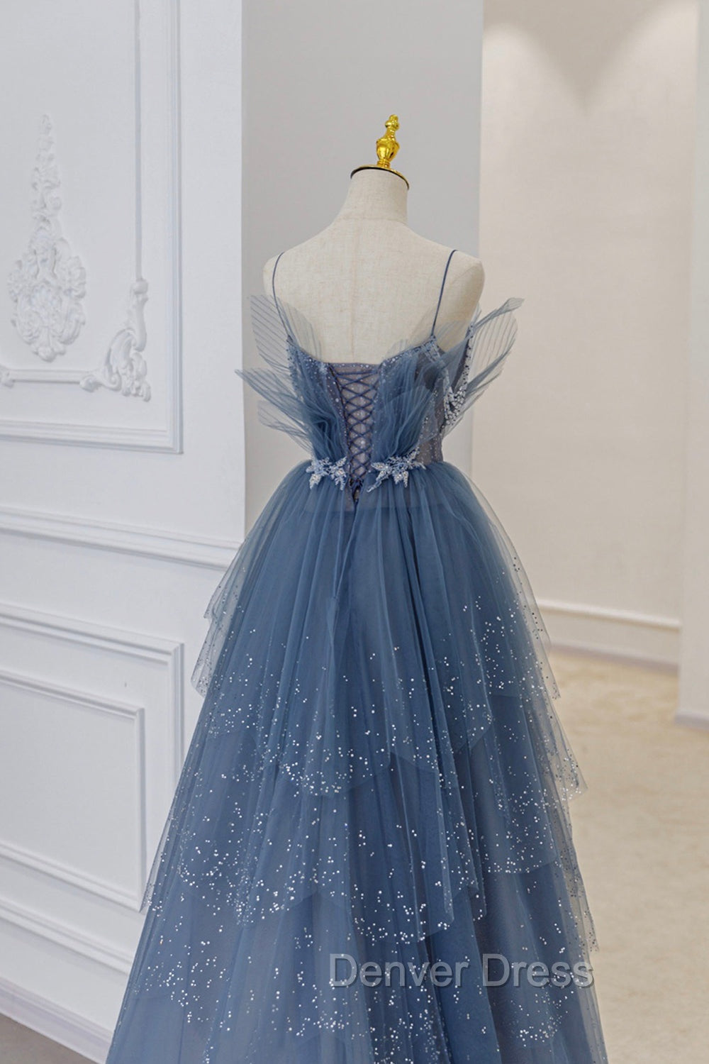 Blue Tulle Sequins Long Prom Gown, Blue Spaghetti Straps Formal Evening Dresses