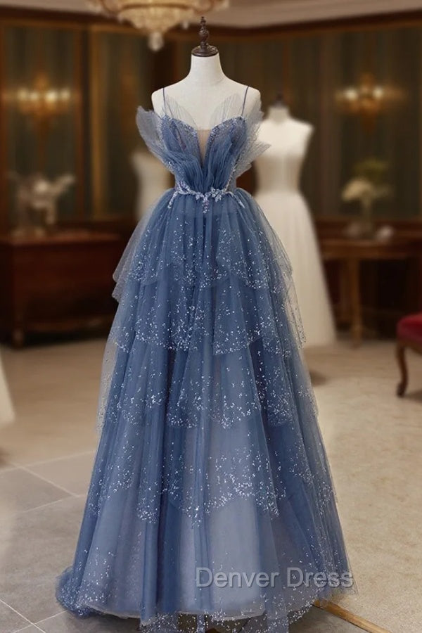 Blue Tulle Sequins Long Prom Gowns, Blue Spaghetti Straps Prom Dresses