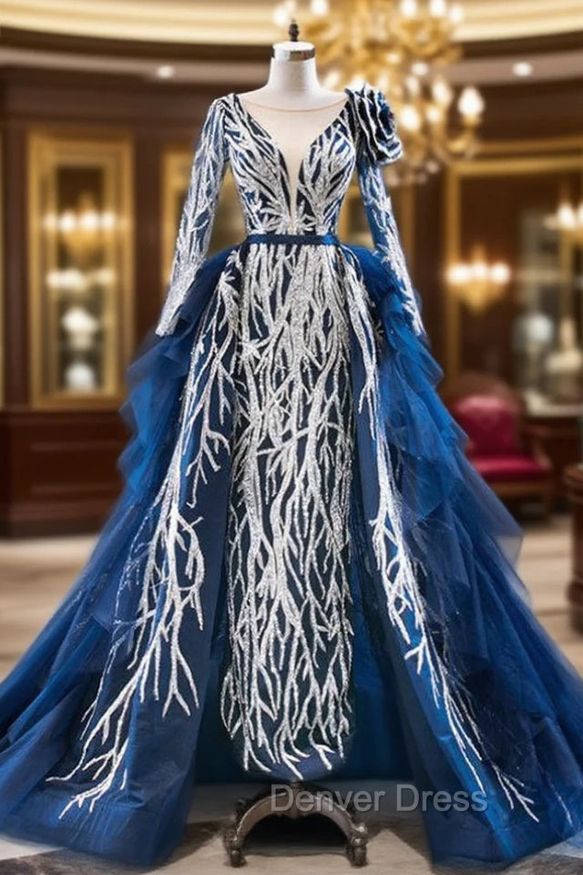 Blue Tulle Sequins Long Sleeve Rose Flower Prom Dresses