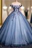 Blue Tulle Sequins Off the Shoulder Appliques Ball Gowns Quinceanera Dresses