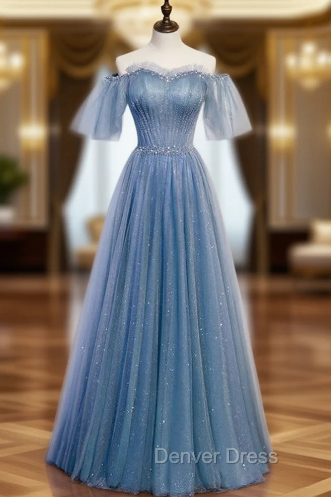 Blue Tulle Sequins Off the Shoulder Beading Pleats Prom Dresses