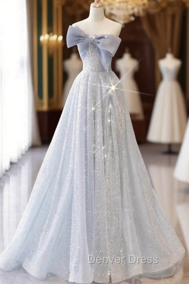 Blue Tulle Sequins Off the Shoulder Bow Prom Dresses