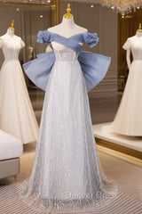 Blue Tulle Sequins Off the Shoulder Bow Prom Dresses