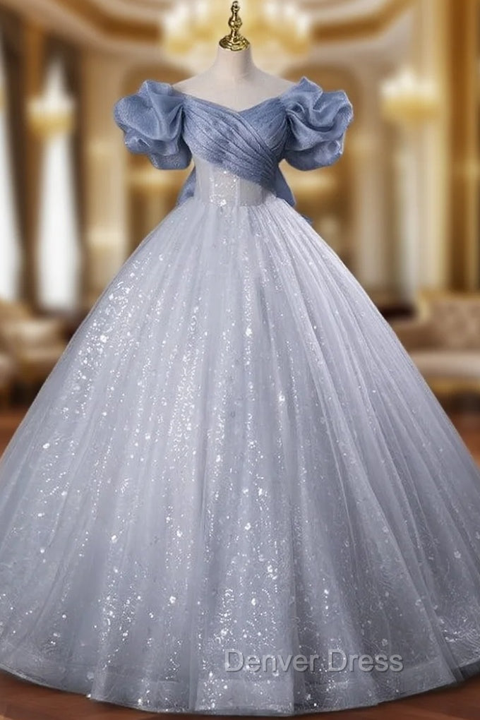 Blue Tulle Sequins Off the Shoulder Bow Quinceanera Dresses Main image