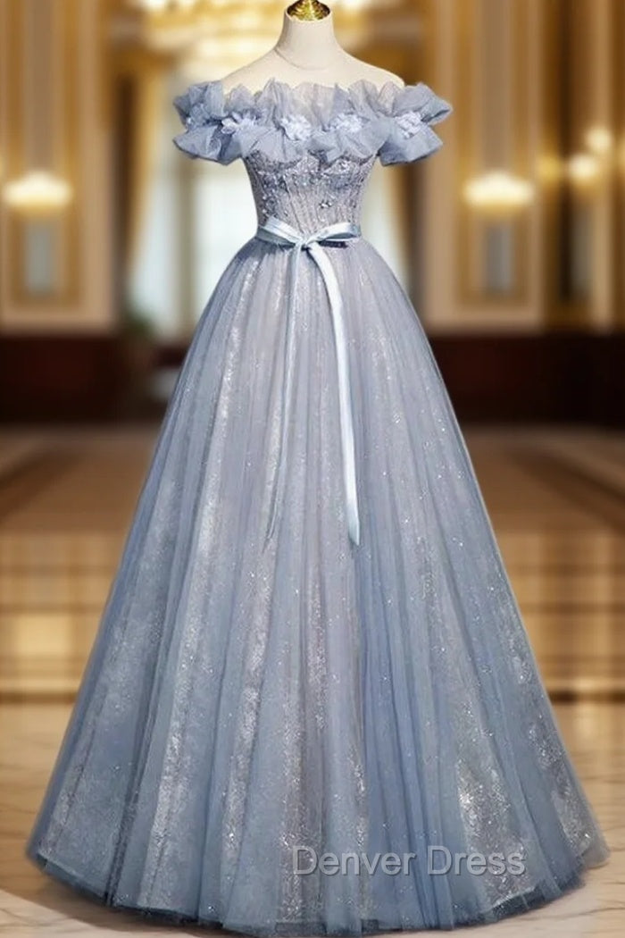 Blue Tulle Sequins Off the Shoulder Flower Beading Prom Dresses Main image