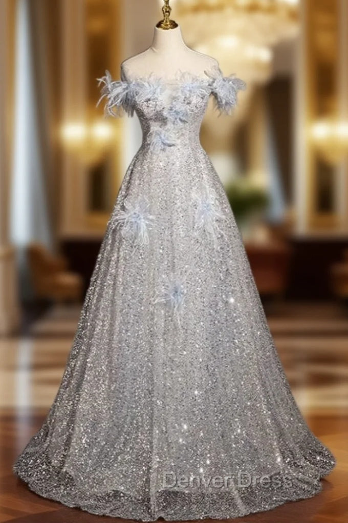 Blue Tulle Sequins Off the Shoulder Flower Prom Dresses