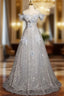 Blue Tulle Sequins Off the Shoulder Flower Prom Dresses
