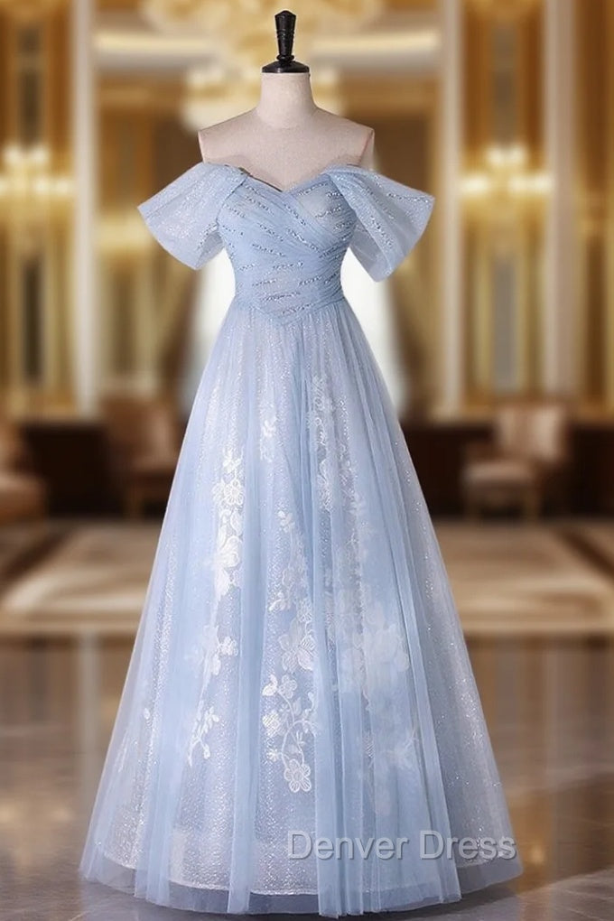 Blue Tulle Sequins Off the Shoulder Lace Beading Prom Dresses