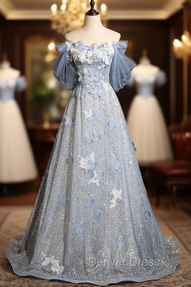Blue Tulle Sequins Off the Shoulder Lace Flower Prom Dresses Main image