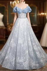 Blue Tulle Sequins Off the Shoulder Pearls Prom Dresses