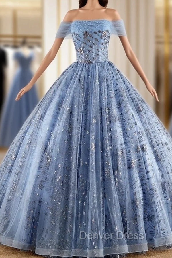 Blue Tulle Sequins Off the Shoulder Pearls Quinceanera Dresses