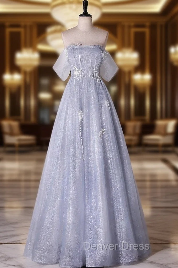 Blue tUlle Sequins Off the Shoulder Prom Dresses
