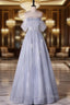 Blue tUlle Sequins Off the Shoulder Prom Dresses