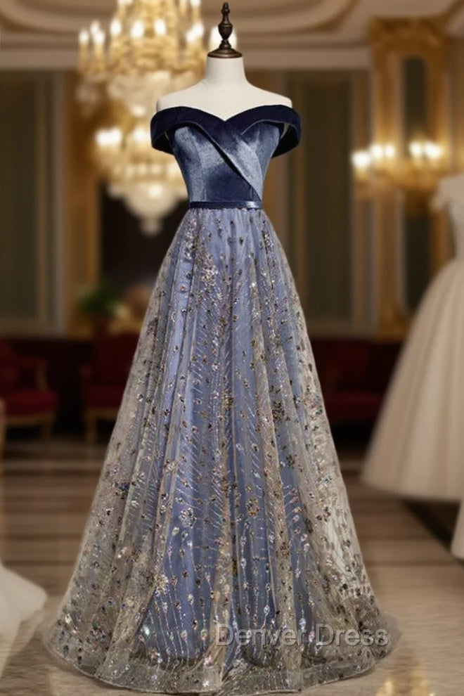 Blue Tulle Sequins Off the Shoulder Prom Dresses Main image