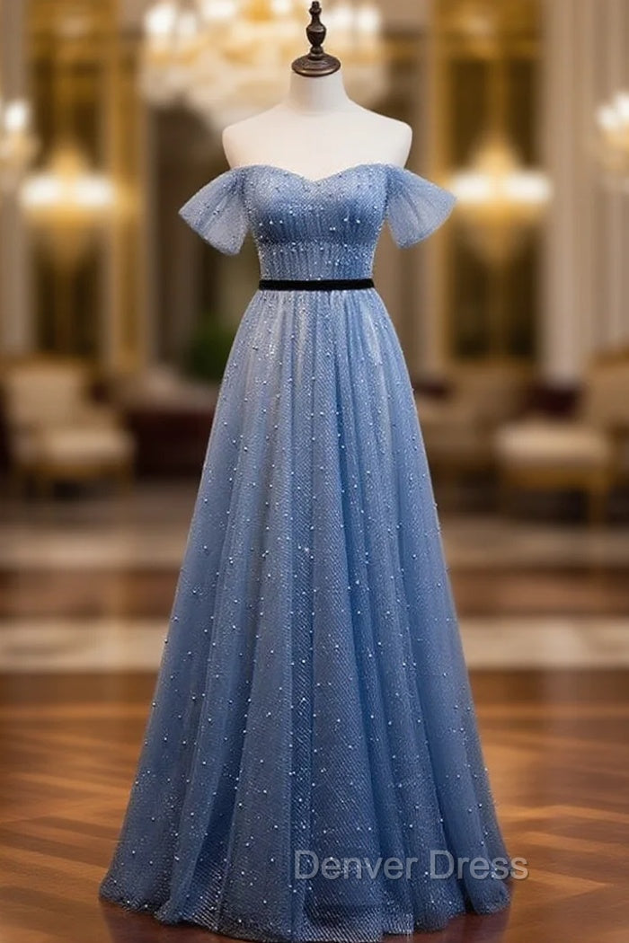 Blue Tulle Sequins Pearls Pleats Prom Dresses Main image