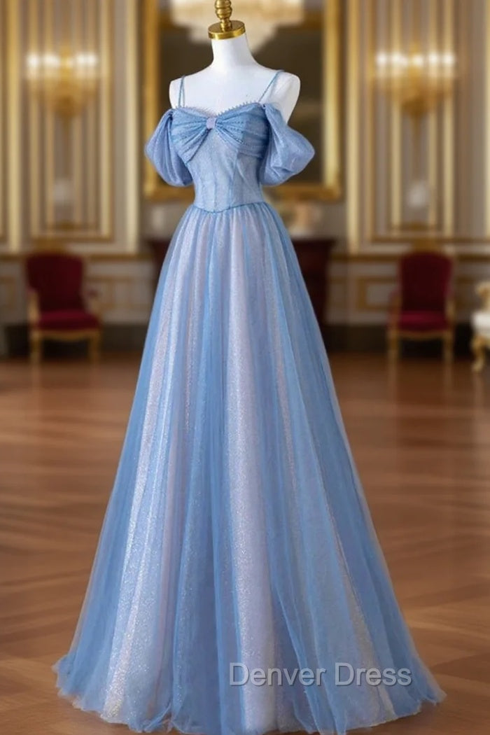 Blue Tulle Sequins Pearls Spaghetti Straps Prom Dresses