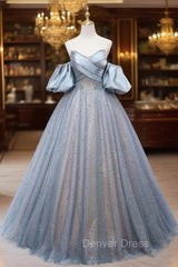 Blue Tulle Sequins Pearls Strapless Prom Dresses