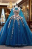 Blue Tulle Sequins Pink 3D Appliques Prom Dresses
