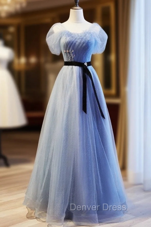 Blue Tulle Sequins Pleats Beading Prom Dresses With Belt