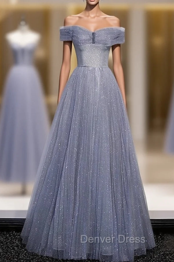 Blue Tulle Sequins Pleats Beading Prom Dresses