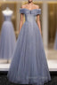 Blue Tulle Sequins Pleats Beading Prom Dresses