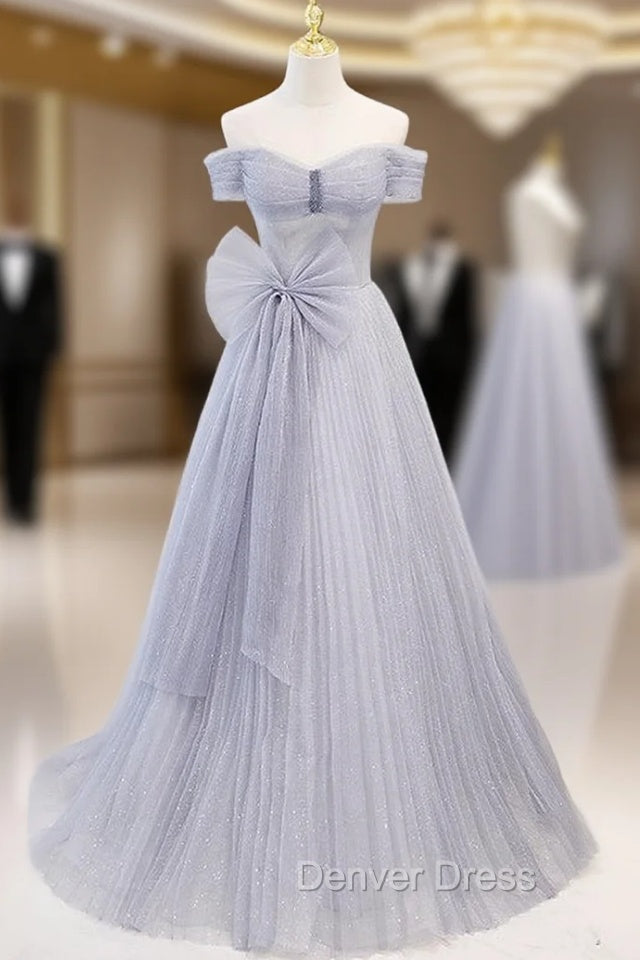 Blue Tulle Sequins Pleats Bow Prom Dresses Main image