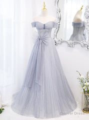 Blue Tulle Sequins Pleats Bow Prom Dress