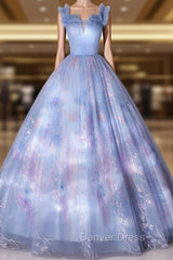 Blue Tulle Sequins Pleats Off the Shoulder Quinceanera Dresses