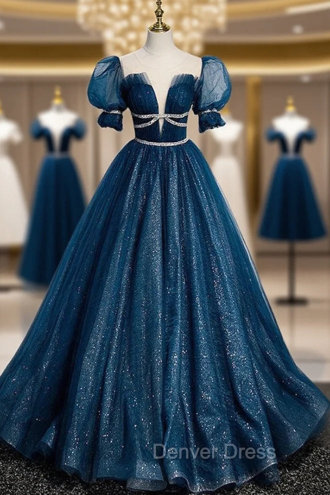 Blue Tulle Sequins Pleats Puff Sleeve Prom Dresses Main image