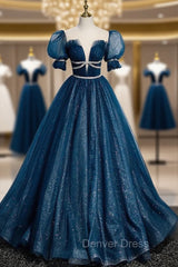 Blue Tulle Sequins Pleats Puff Sleeve Prom Dresses