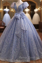 Blue Tulle Sequins Pleats Quinceanera Dresses With Bow