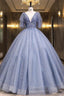 Blue Tulle Sequins Pleats V Neck Quinceanera Dresses