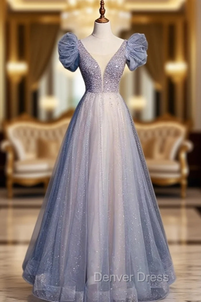 Blue Tulle Sequins Puff Beading Prom Dresses