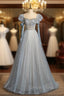 Blue Tulle Sequins Puff Sleeve Beading Prom Dresses