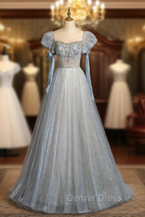 Blue Tulle Sequins Puff Sleeve Beading Prom Dresses